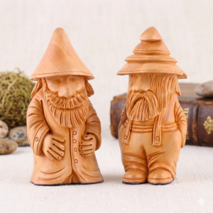 Wooden handmade, hand carved whimsical pair of gnomes.