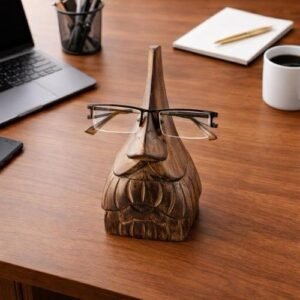 Wooden Eyeglass Holder Stand – Handmade Face Sculpture – Artistic Desk Organizer Gift