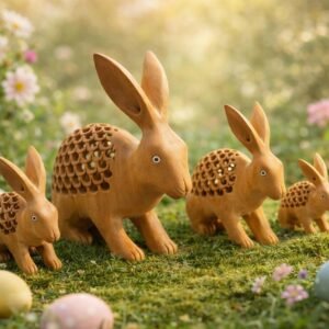 Easter Bunny Decor – Wooden Bunny Family Set, Hand Carved Rabbit Figurines, Spring Farmhouse Table Decor, Easter Gift, Rustic Woodland Animal Decor