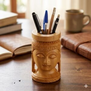 Serene Harmony: Hand-Carved Meditating Buddha Wooden Pen Holder