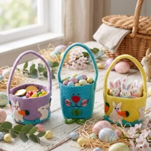 Handmade Felt Easter Bunny Baskets – Set of 3 Colorful Decorative Gift & Candy Holder