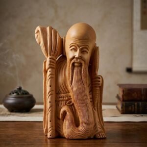 Hand-Carved Wooden Wise Man – Artisanal Longevity Shouxing Statue for Zen Decor & Good Fortune