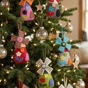 Dreamy Windmills Set of Six Whimsical Wool and Cotton Windmill Ornaments