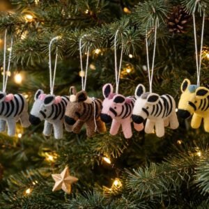 Handmade Wool Felt Zebra Christmas Ornaments – Set of 6 Colorful Hanging Decor | Eco-Friendly Festive Tree Decorations