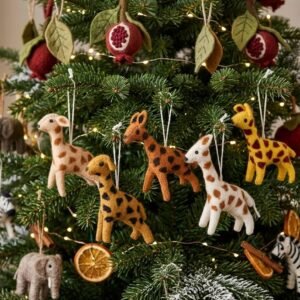 Handcrafted Wool Felt Giraffe Christmas Ornaments - Set of 5