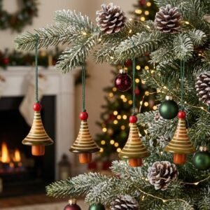 Handmade 4-Piece Set of Wooden Channapatna Ornaments- Evergreen Holiday