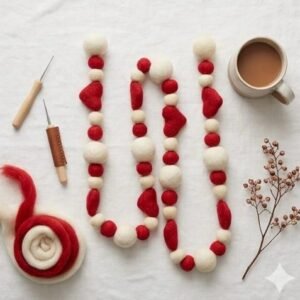 Wool Felt Holiday Heart Garland in Red and Ivory