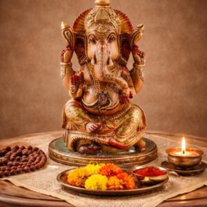 Wooden handmade, hand painted magnificent Ganesh seated on couch.