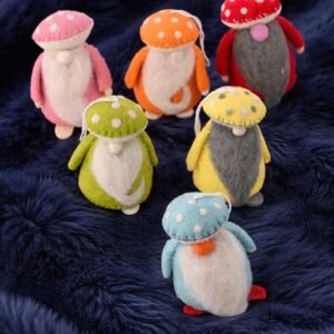 Wool felted handmade colorful  gnome wearing mushroom like cloths Christmas ornaments
