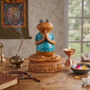 Wooden handmade, hand carved, hand painted charming meditating frog